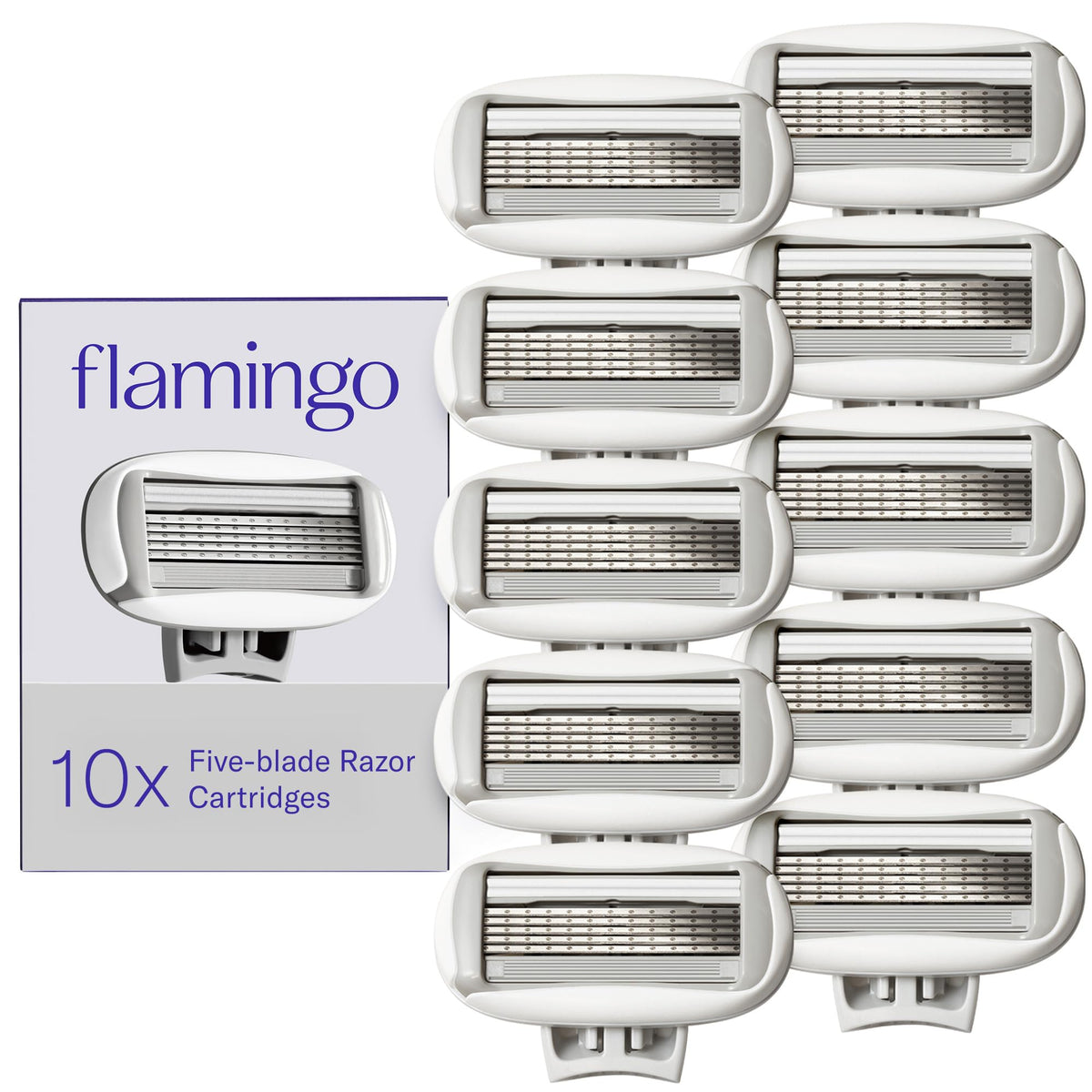 Flamingo front packaging showing ten refill cartridges and product count for convenience