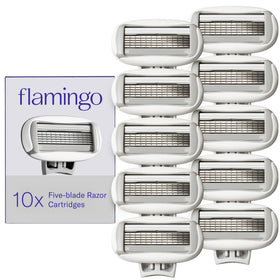 Flamingo front packaging showing ten refill cartridges and product count for convenience