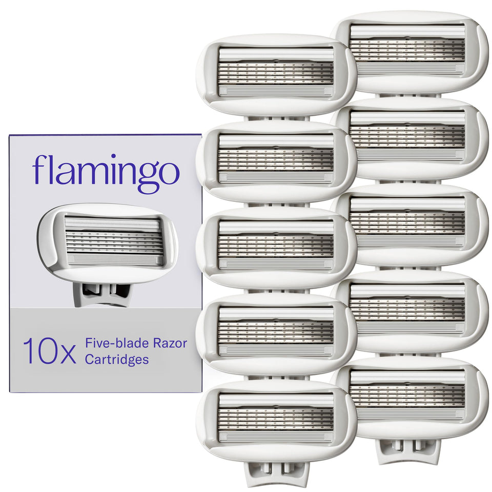 Flamingo front packaging showing ten refill cartridges and product count for convenience