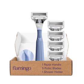 Flamingo front packaging showing full shaving kit and starter contents benefit organized grooming