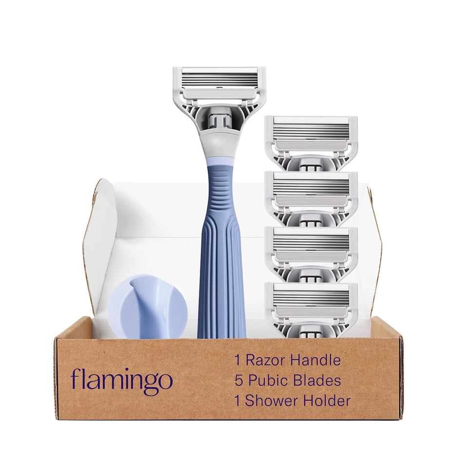 Flamingo front packaging showing full shaving kit and starter contents benefit organized grooming