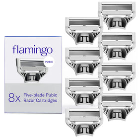 Flamingo front packaging showing eight pubic refill cartridges for easy restocking