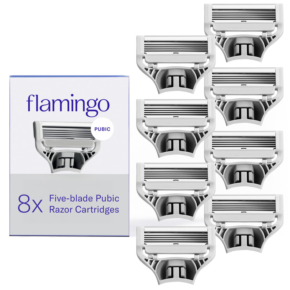 Flamingo front packaging showing eight pubic refill cartridges for easy restocking