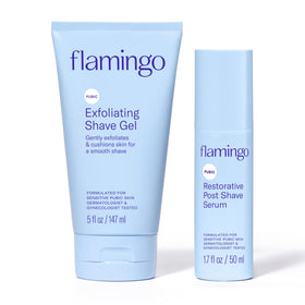 Flamingo front packaging of shave gel and serum showing set benefits