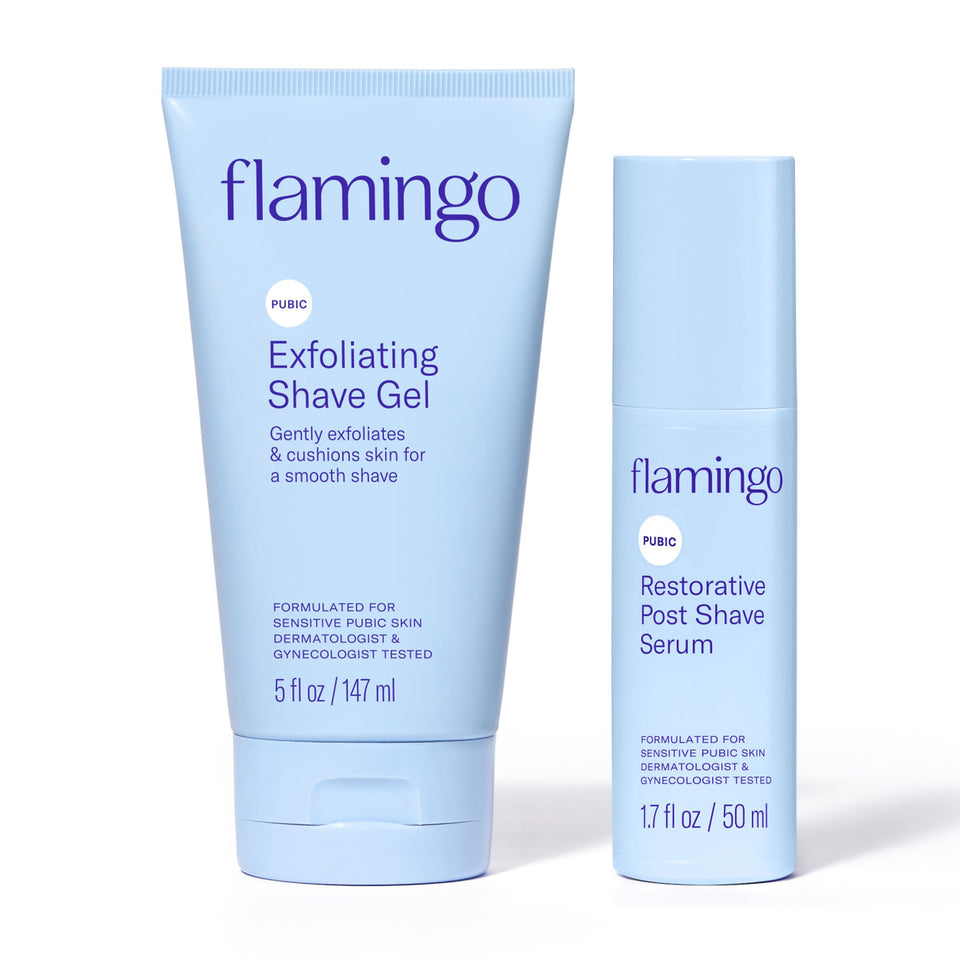 Flamingo front packaging of shave gel and serum showing set benefits