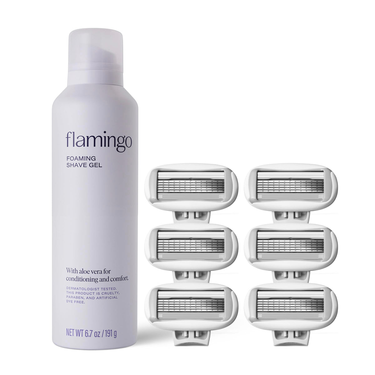 Flamingo front packaging of shave kit shows refills and gel for complete convenience