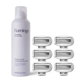 Flamingo front packaging of shave kit shows refills and gel for complete convenience