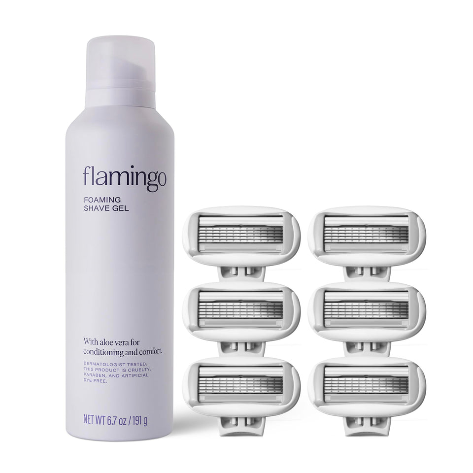 Flamingo front packaging of shave kit shows refills and gel for complete convenience