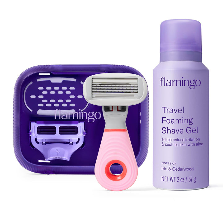 Flamingo front packaging of travel razor kit showing compact essentials and portability
