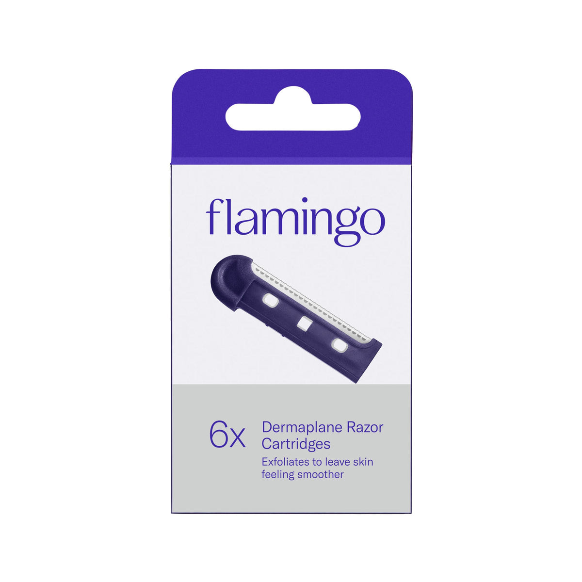 Flamingo front packaging showing six refill blades and benefits