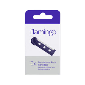 Flamingo front packaging showing six refill blades and benefits