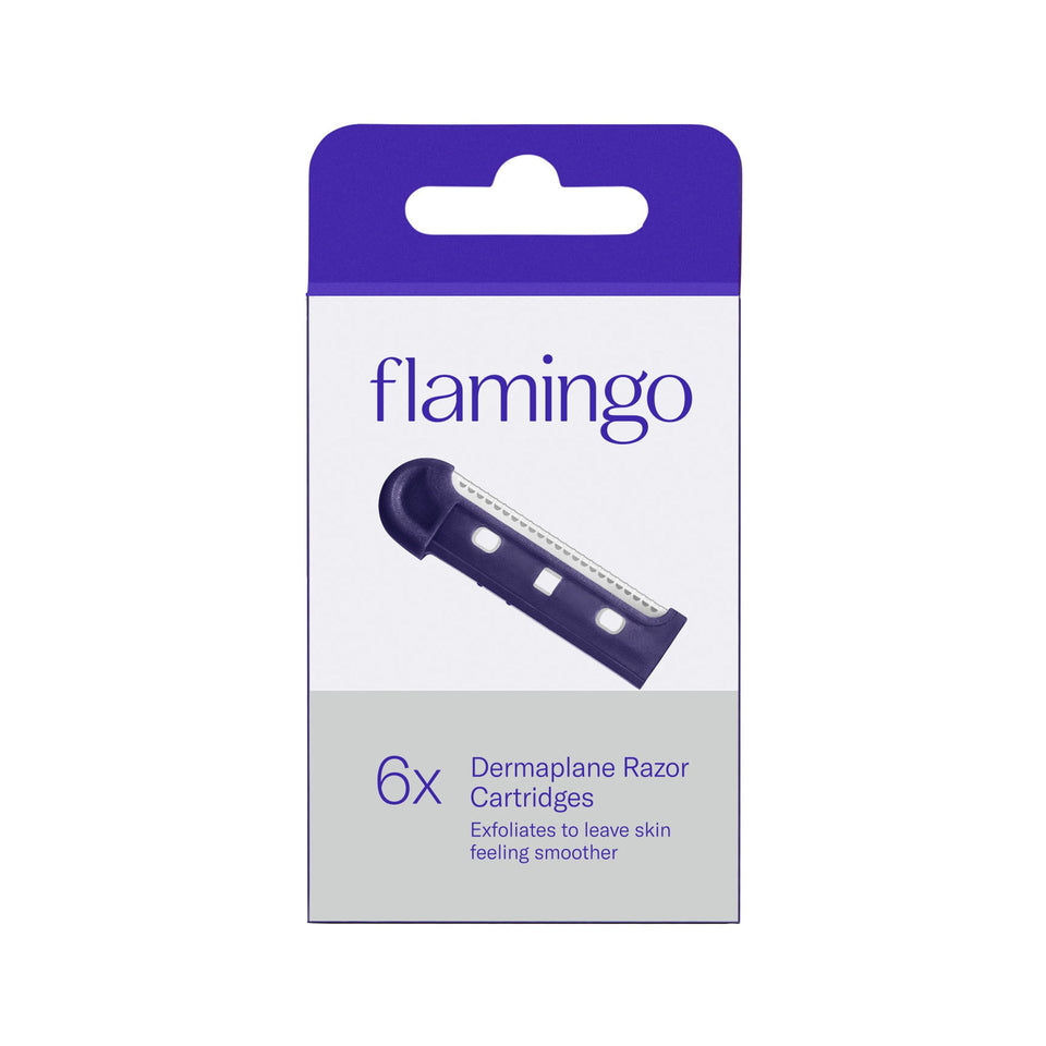Flamingo front packaging showing six refill blades and benefits