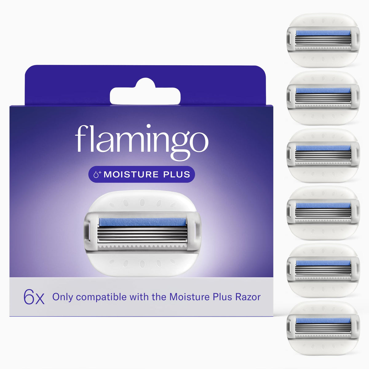 Flamingo front packaging showing six refill cartridges and key benefits