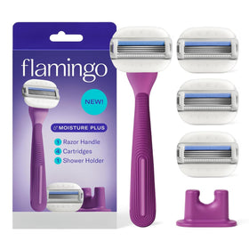 Flamingo front view of razor set with fig scent, shows complete kit for convenience