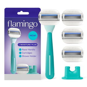 Flamingo seafoam razor set front view showing handle and four refills for easy shaving