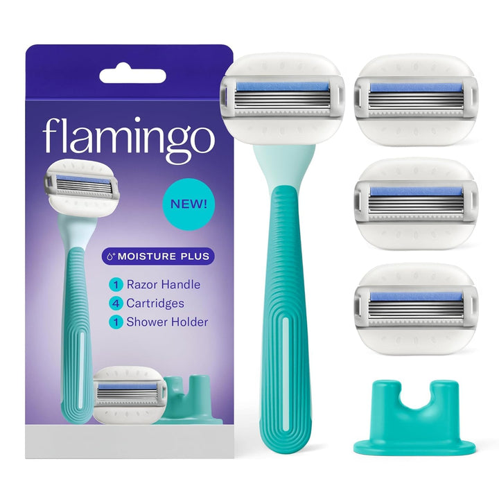 Flamingo seafoam razor set front view showing handle and four refills for easy shaving