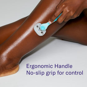 Flamingo razor in use shaving leg demonstrating easy maneuvering and comfort