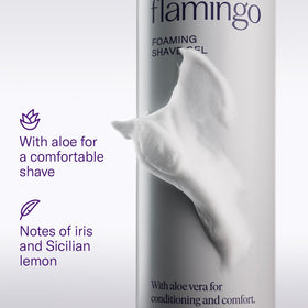 Flamingo close-up of five stainless steel blades highlighting smooth, efficient shave