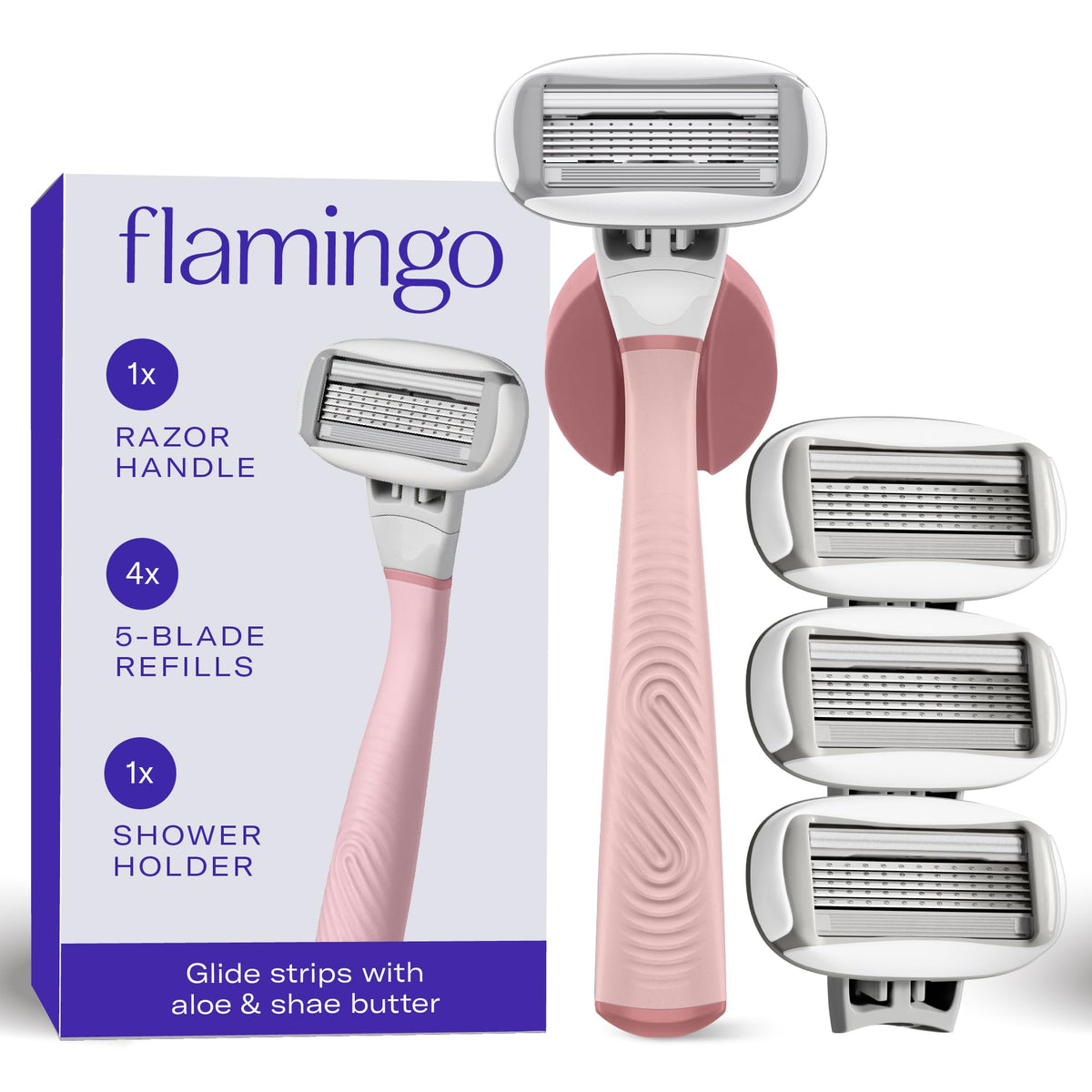 Flamingo rose razor front packaging showing complete kit and benefits