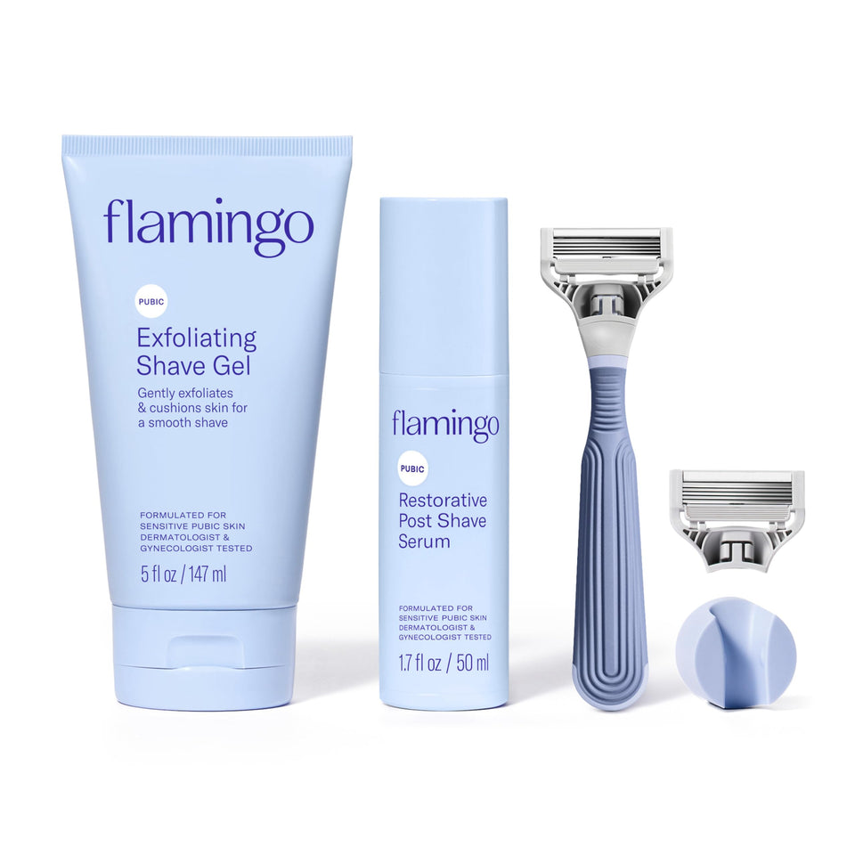 Flamingo razor front view showing five-blade head and slim cartridge for precision