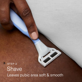Flamingo exfoliating shave gel being dispensed, visibly clear for precise shaving