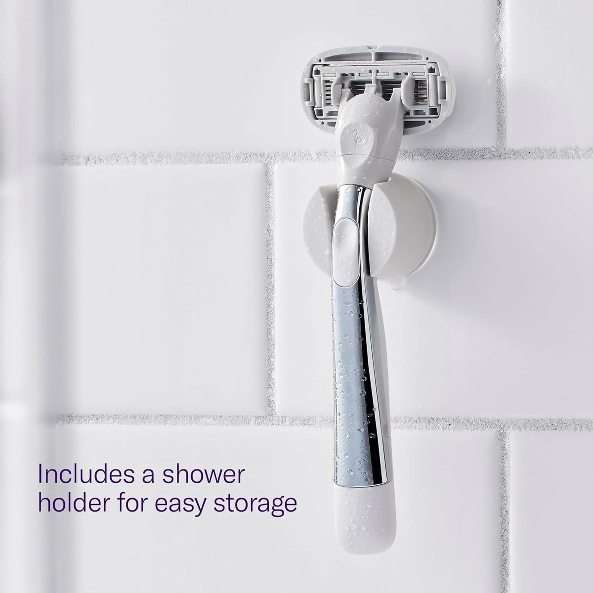 Flamingo shower holder mounted in shower keeping razor dry and accessible