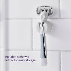 Flamingo shower holder mounted in shower keeping razor dry and accessible