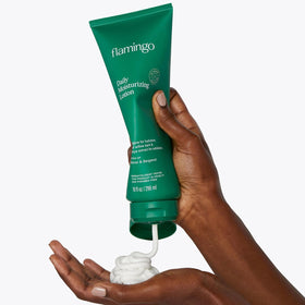 Flamingo lotion texture on hand showing fast absorption and smooth finish