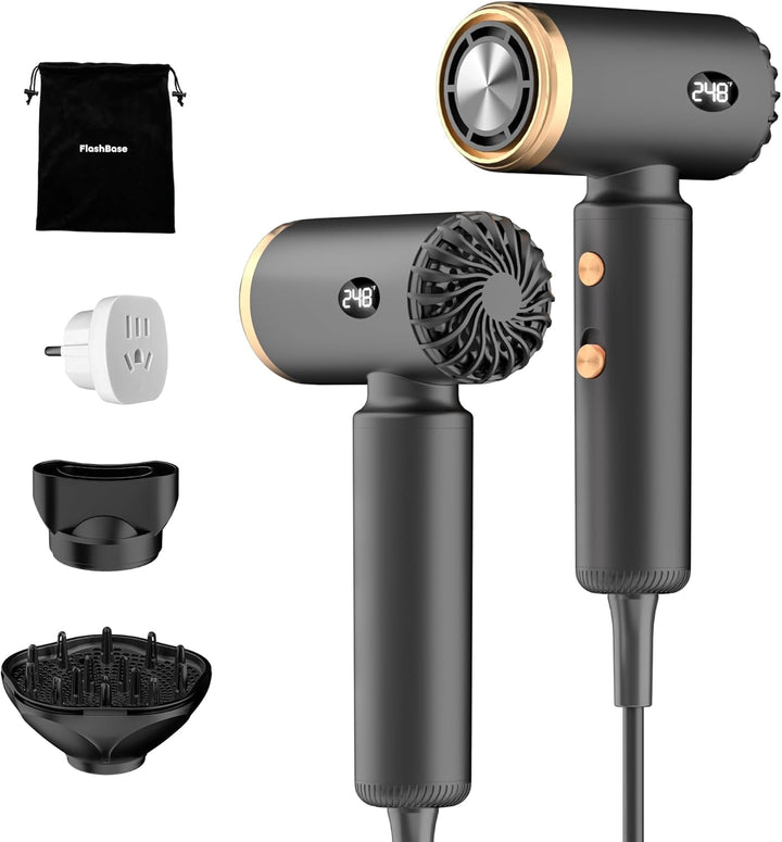 Flashbase front view compact hair dryer showing travel-ready design and portability