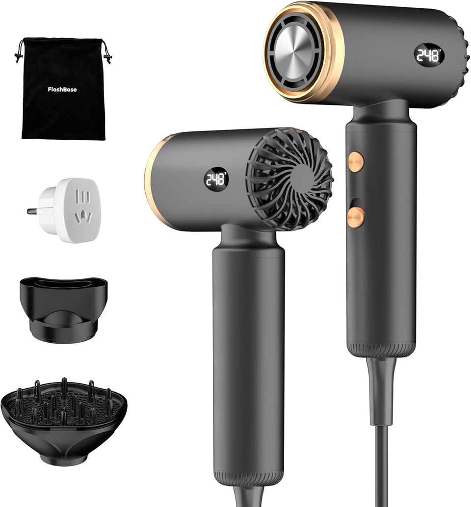 Flashbase front view compact hair dryer showing travel-ready design and portability