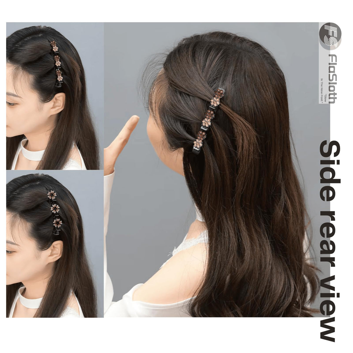 FlaSloth clip in braided hair demonstrating secure hold and polished finish