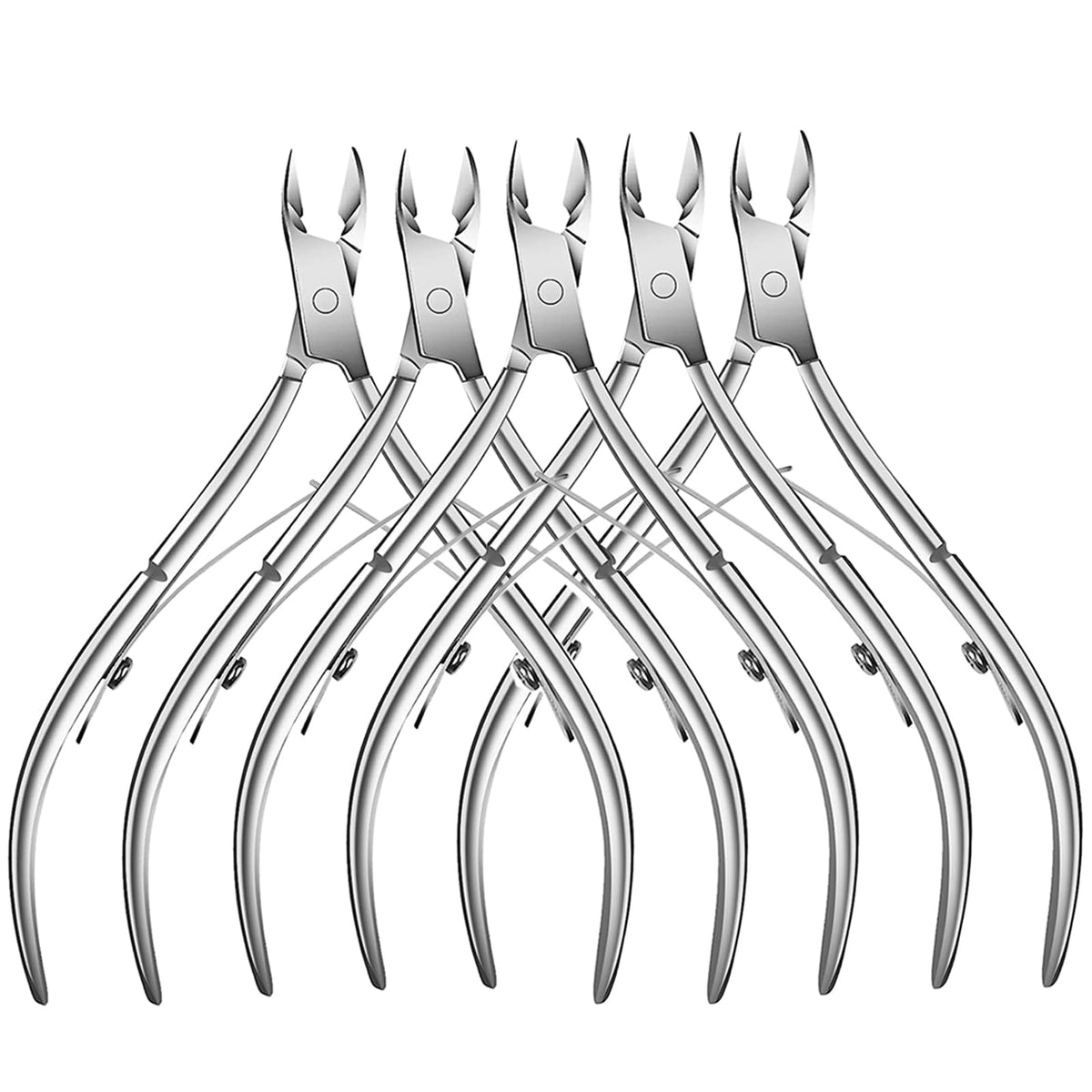 Flauntia front view of five stainless steel cuticle nippers showing professional quality