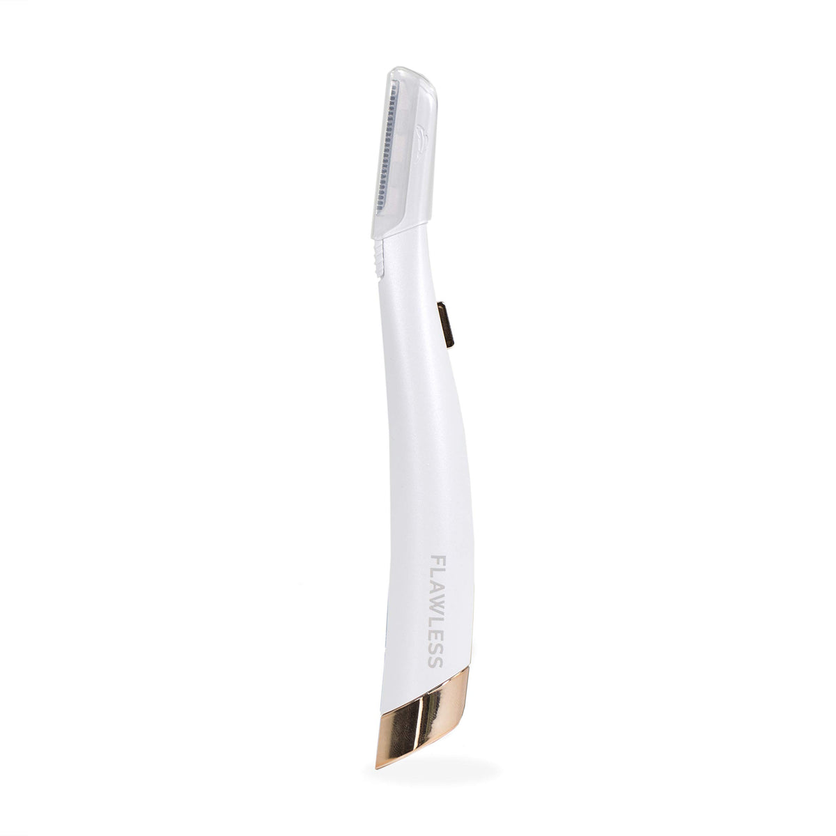 Flawless Dermaplane Glo front view showing slim white rose gold body and blade for precise exfoliation