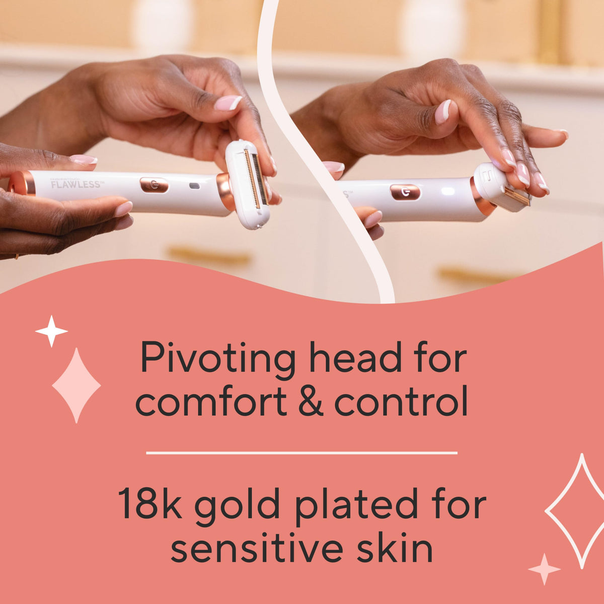 Flawless held in hand to show compact scale and travel convenience