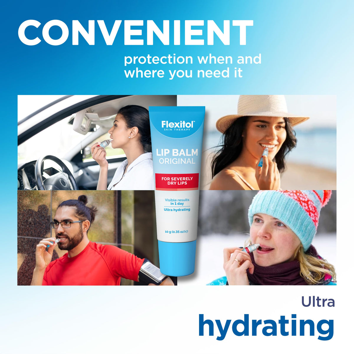 Flexitol being applied to lips demonstrating quick glide and soothing moisture