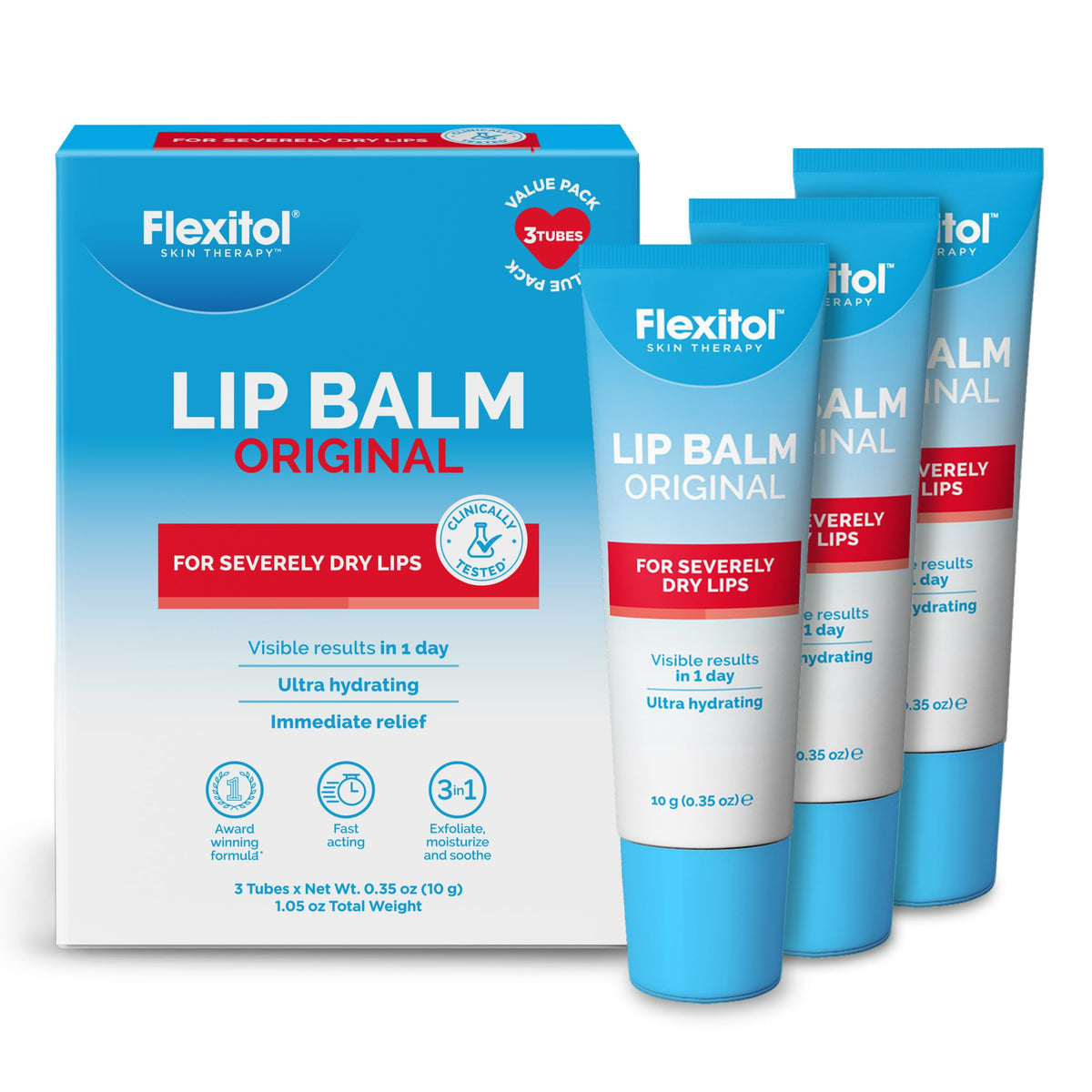Flexitol front packaging showing three lip balm sticks and branding for consistent hydration