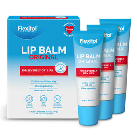 Flexitol front packaging showing three lip balm sticks and branding for consistent hydration