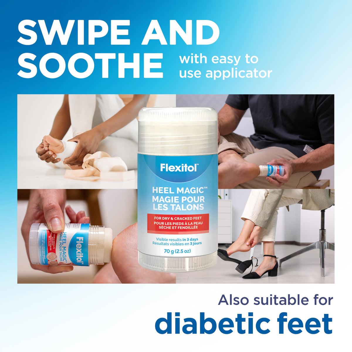Flexitol applying stick to cracked heel for targeted, no-touch moisturization