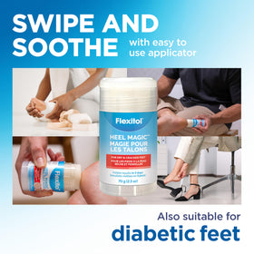 Flexitol applying stick to cracked heel for targeted, no-touch moisturization