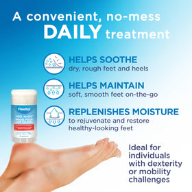 Flexitol heel magic next to a ruler and phone to show compact 2.5 oz scale