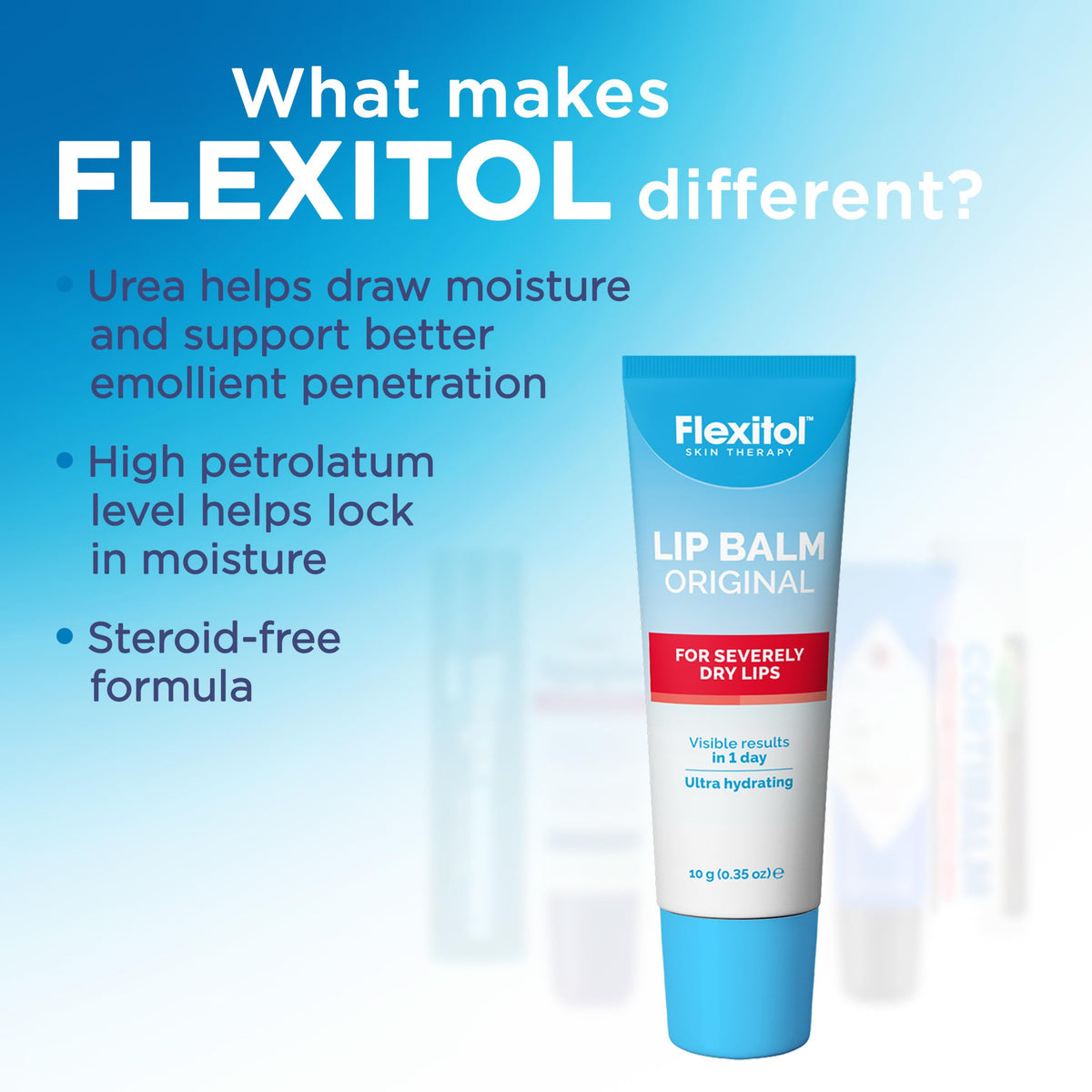 Flexitol ingredient display with urea and emollients emphasizing moisturizing benefits