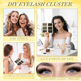FLOMAZE lifestyle shot wearing wispy lash clusters illustrating a lifted, eye-opening effect