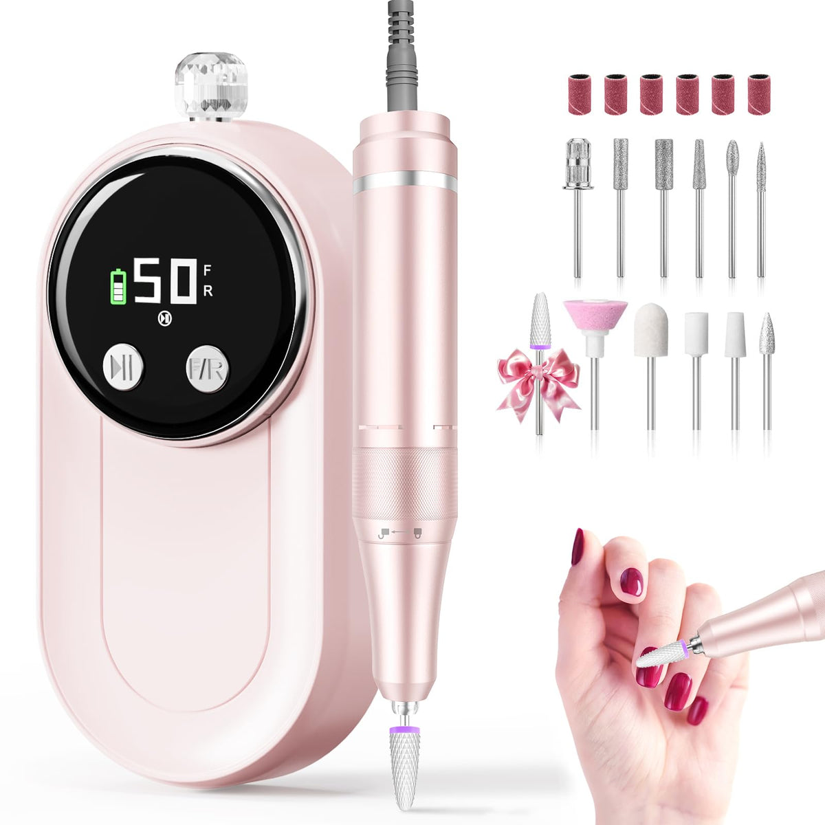 FLORAVIC front view of cordless e-file kit showing compact setup and portability