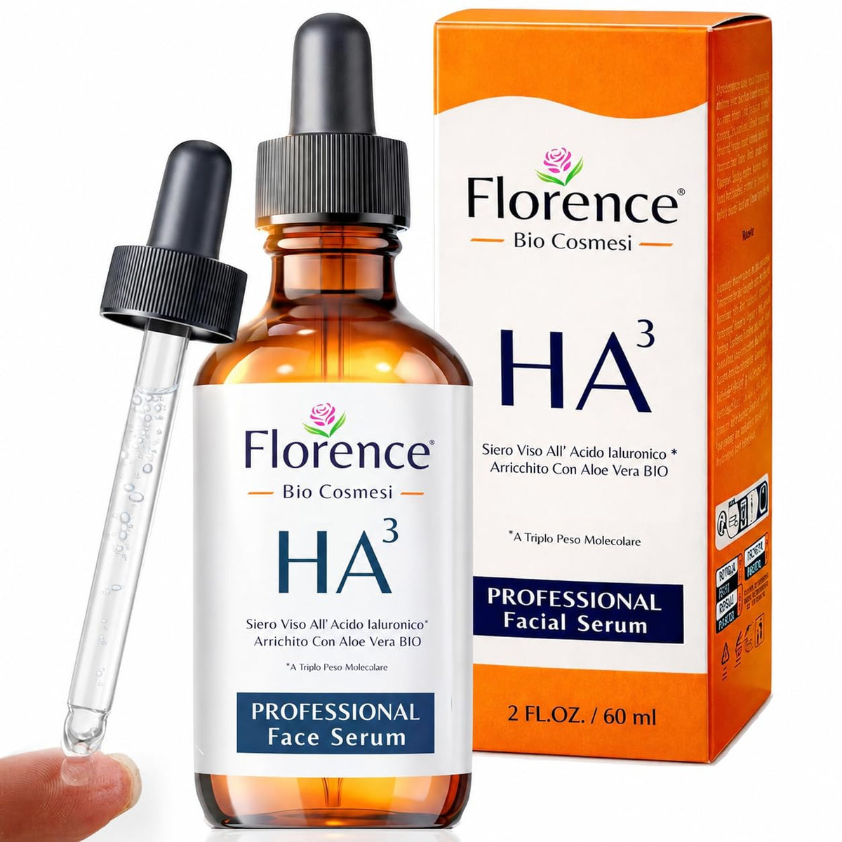 Florence front packaging of hyaluronic serum showing label and bottle benefits