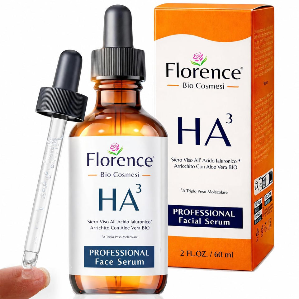 Florence front packaging of hyaluronic serum showing label and bottle benefits
