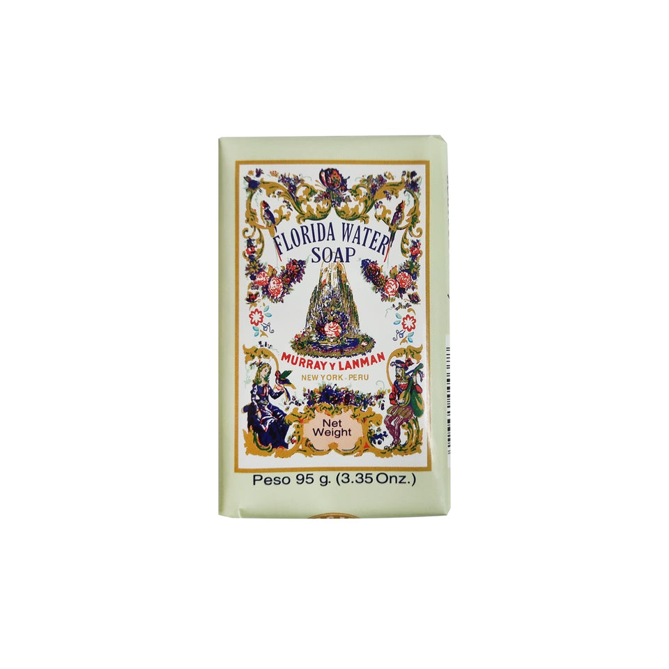 Florida Water bar soap front packaging showing four 3.3 oz bars and brand benefit of long-lasting fragrance