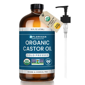 Florisan glass bottle front view showing organic label and purity benefits