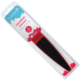 Flowery front view of red foot file showing double-sided stainless steel grit and compact shape, fast callus removal