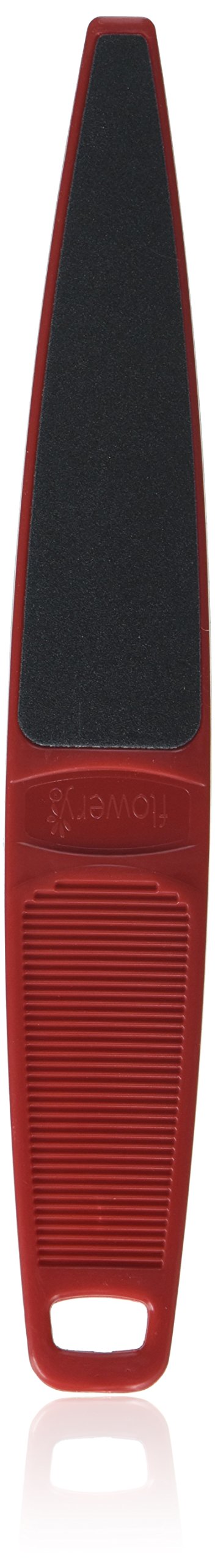 Flowery red foot file front view showing double sided grits and durable handle benefit