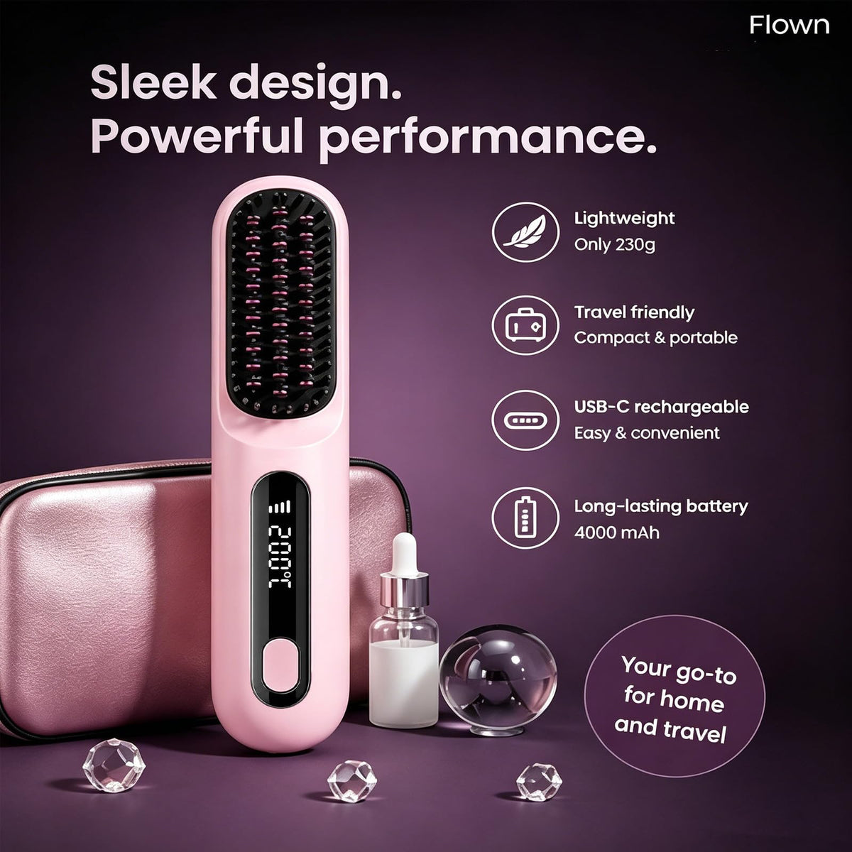 Flown Go Brush Pro styling short hair in a mirror showing fast frizz-taming benefit